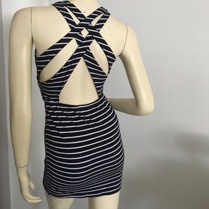 Navy and White stripped sleeveless bodycon mini dress with cross cross back